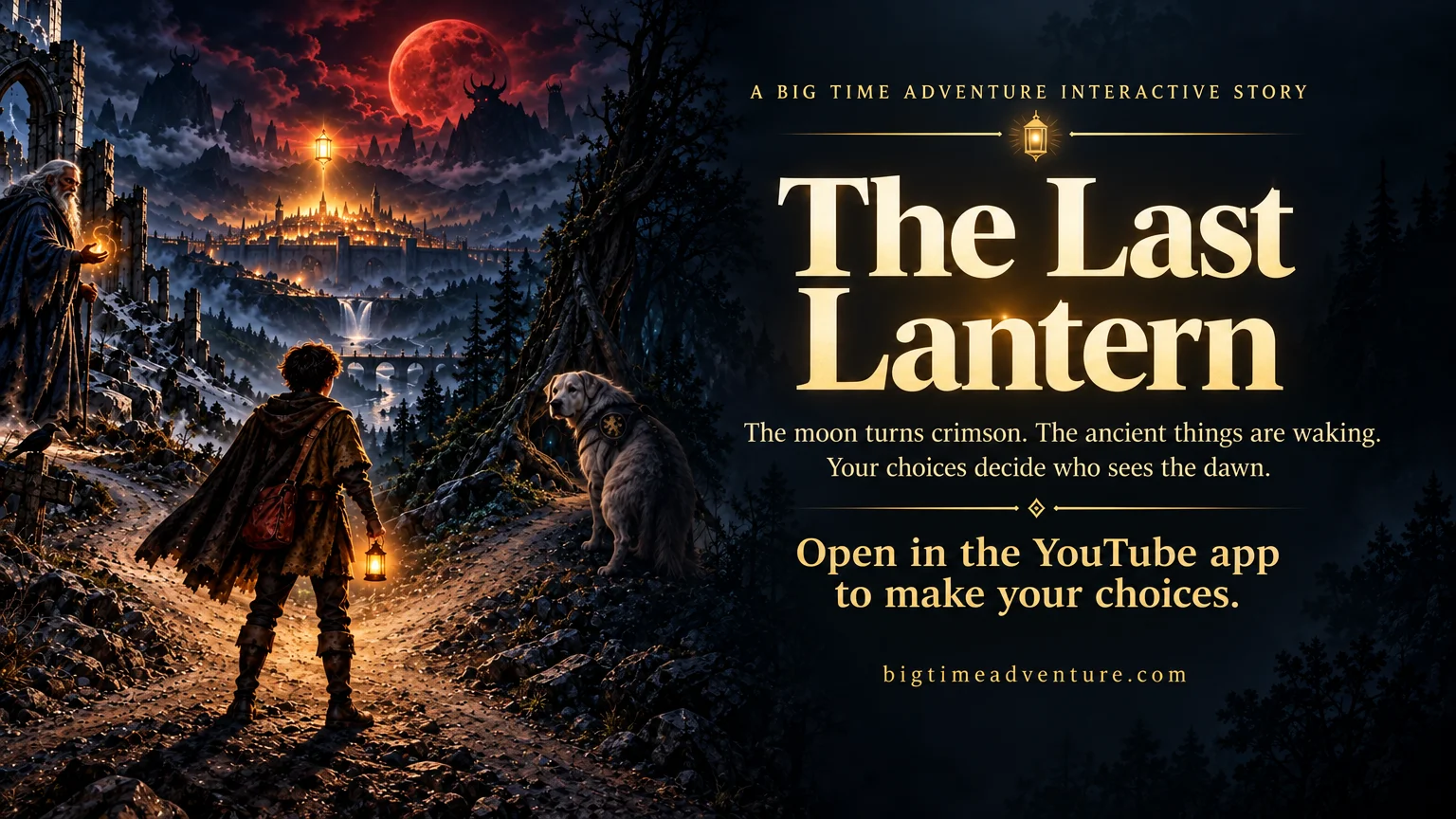 The Last Lantern title beside a lantern-bearing traveler, an elderly robed figure and a white dog overlooking a city beneath a crimson moon.