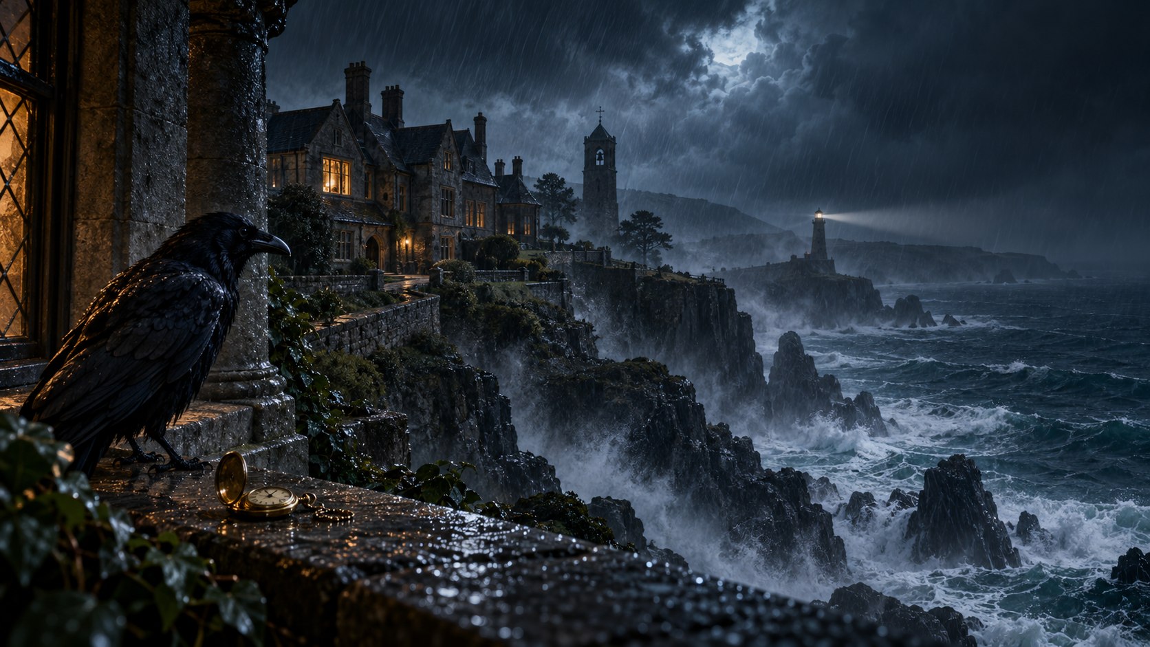 Storm clouds over Greyhaven, a raven and pocket watch on a ledge, a bell tower and a distant lighthouse.